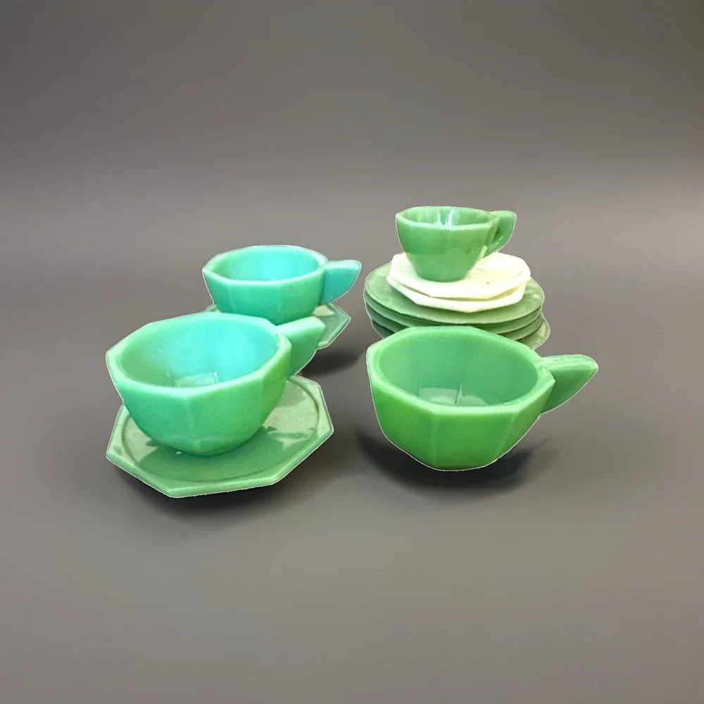 Vintage Jadeite Akro Agate JP Octagonal Child's Tea Set Accessories Cup Plate 12